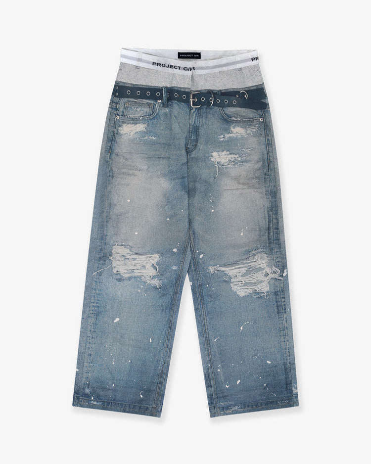 TROMPE-L'ŒIL DENIM PRINTED PANTS - BLUE