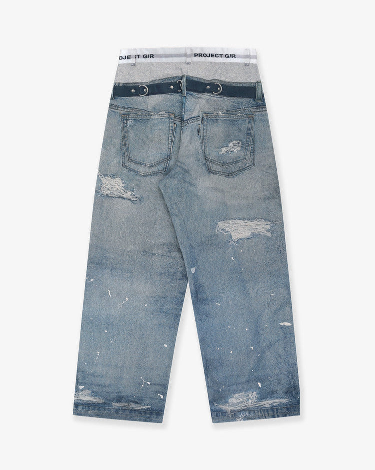 TROMPE-L'ŒIL DENIM PRINTED PANTS - BLUE