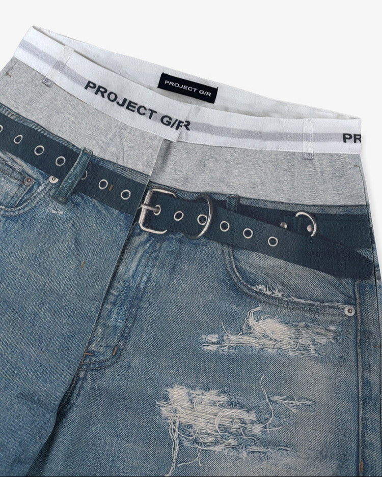 TROMPE-L'ŒIL DENIM PRINTED PANTS - BLUE
