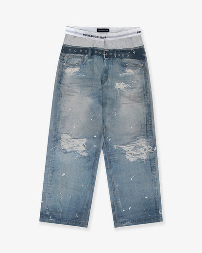 TROMPE-L'ŒIL DENIM PRINTED PANTS - BLUE