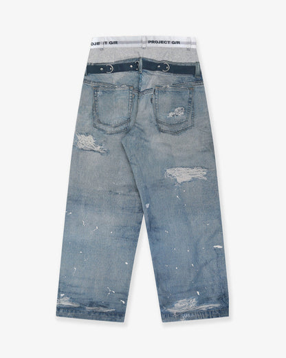 TROMPE-L'ŒIL DENIM PRINTED PANTS - BLUE
