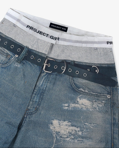 TROMPE-L'ŒIL DENIM PRINTED PANTS - BLUE